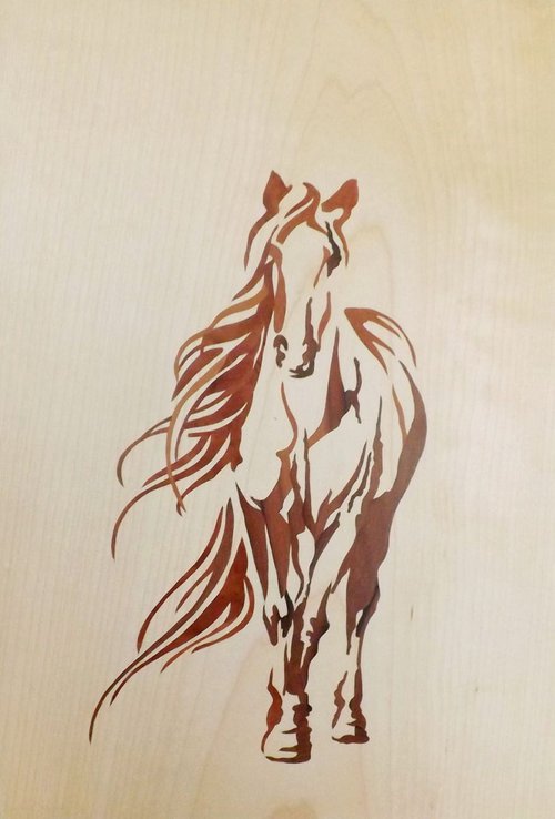 Red horse (marquetry work) by Dušan Rakić
