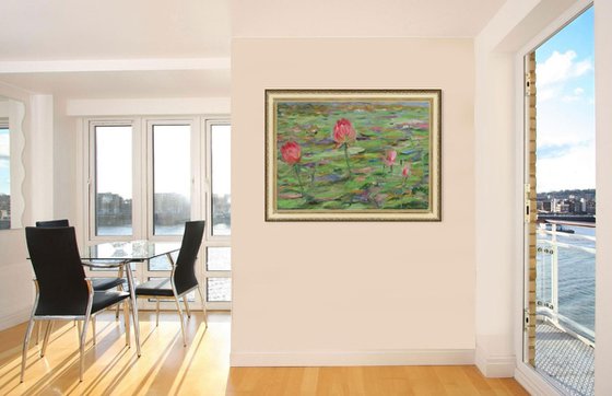 ROSE LOTUS - Landscape water lily pond, lilies, original painting, oil on canvas, interior home decor, 73x105