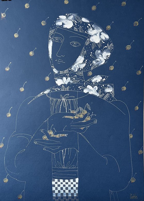 Composition on blue 1. Cherries