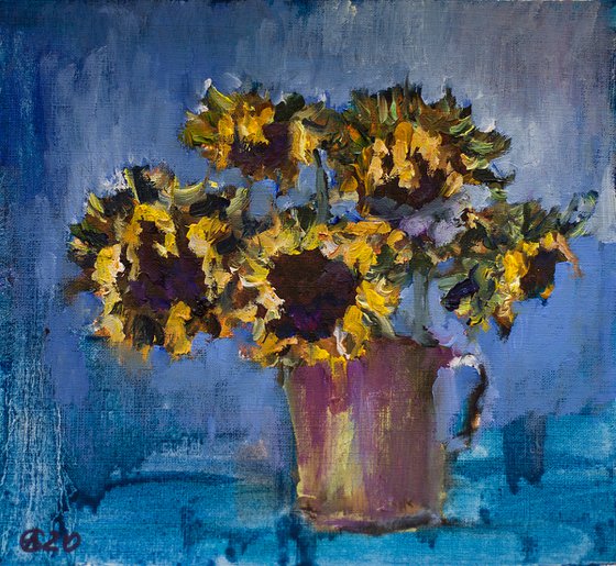 Sunflowers on blue. Small oil painting. Original dramatic home decor gift interior dark blue moody autumn