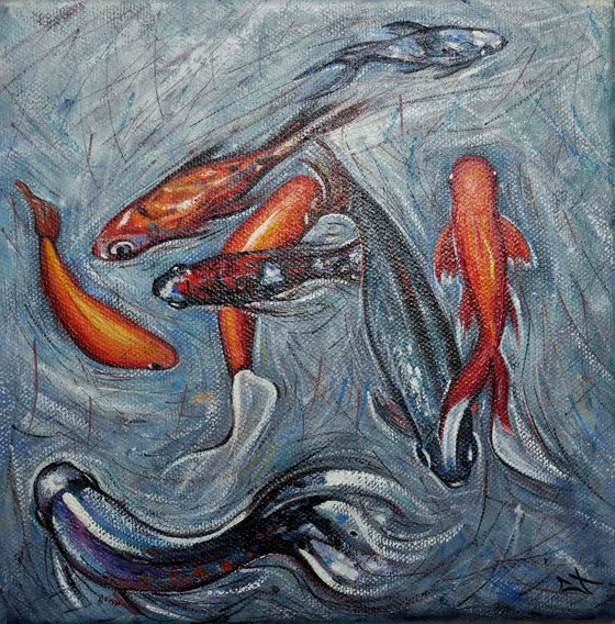GOLDFISHES, Oil painting study 20 x 20 cm
