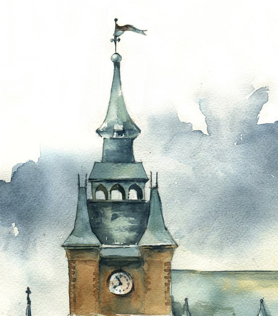 "Tower with a weather vane" architectural sketch in watercolor