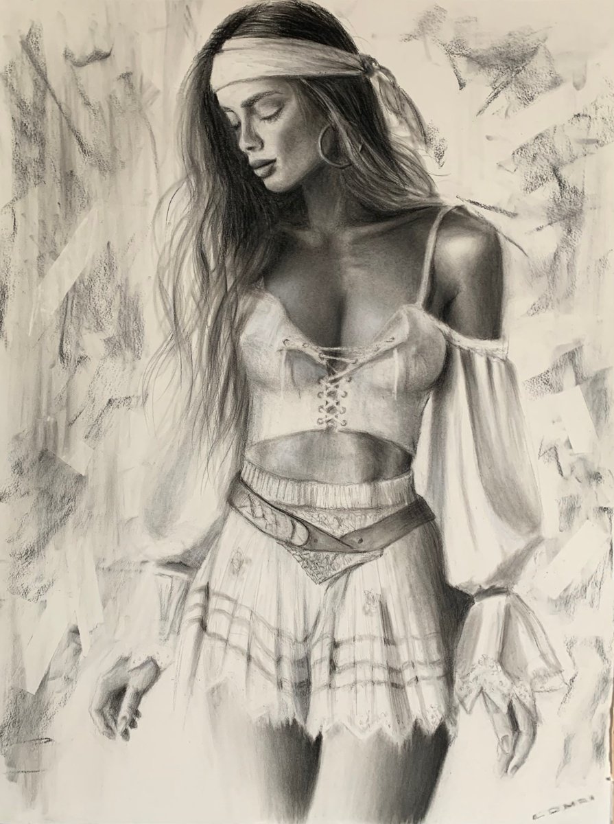 Impressionistic Portrait Charcoal Drawing By Gianfranco Combi, 22 X 30, Sweet Gipsy, Original Artwork