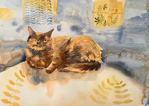 Tortoiseshell cat interior by Mary Stubberfield