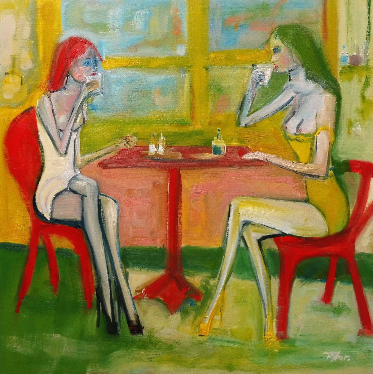 FASHION MODELS, CAFE, YELLOW WHITE DRESSES. by Tim Taylor