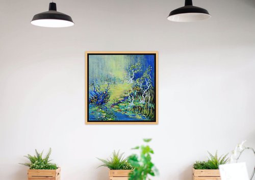 Enchanted Magic Blue Forest. Abstract Landscape Pond Forest Acrylic Painting on Canvas Blue Garden 51x51cm by Sveta Osborne
