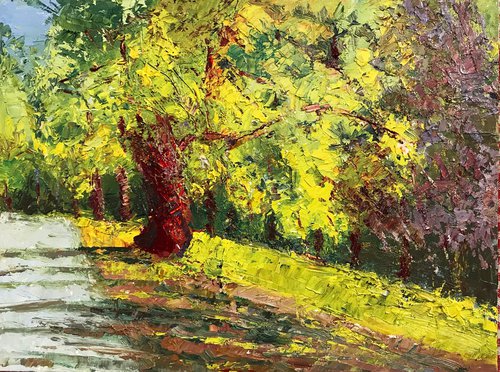 landscape oil painting of trees "Exuberance " by Padmaja Madhu