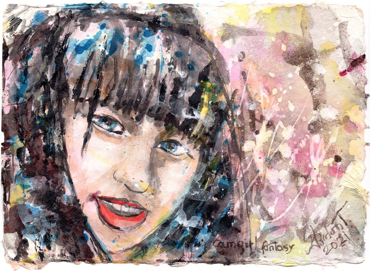 Expressive Portrait Acrylic Painting By Gordon T., 13 X 10, Camgirl Fantasy, Original Artwork