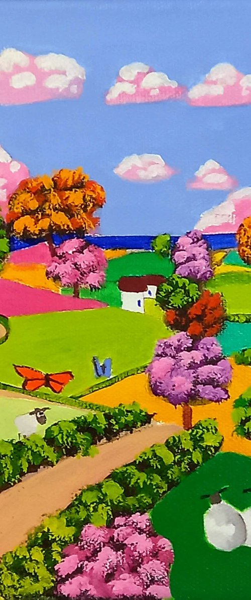 Lighthouse, folk art small oil painting by Gordon Bruce