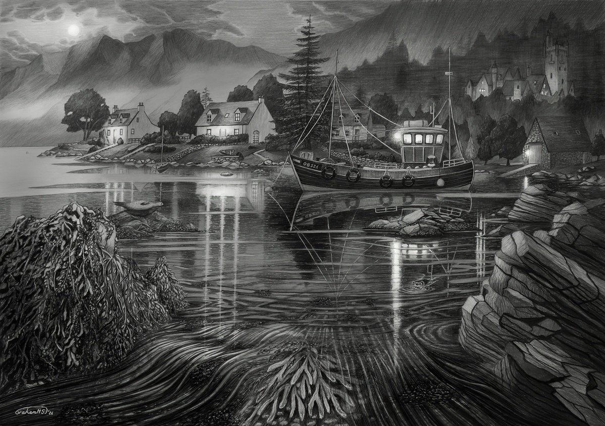 Illustrative Pencil Drawing , Highland Retreat By Graham Mckenzie-Smith, 24 X 17, Artwork For Sale On Artfinder