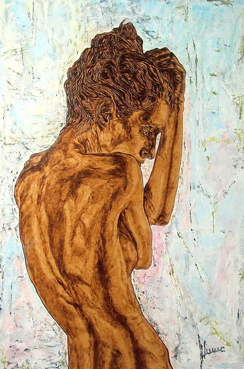 Expressive Portrait Painting By Milis Pyrography, 17 X 24", In A Broken Dream, Original Artwork