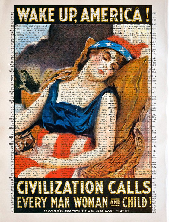 Wake Up, America! - Collage Art Print on Large Real English Dictionary Vintage Book Page