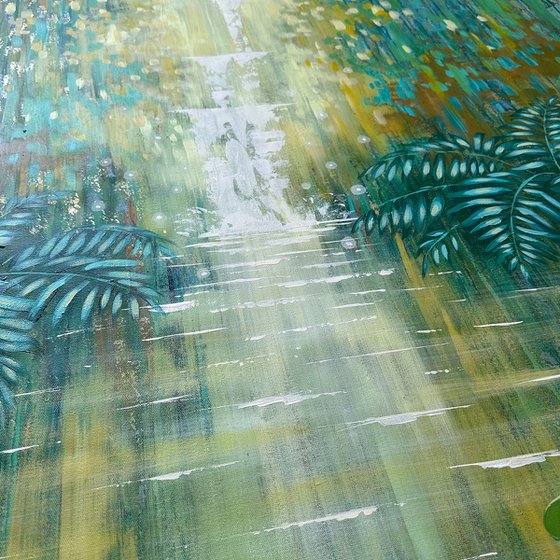 Sparkling Waterfall by an Emerald Forest Pond