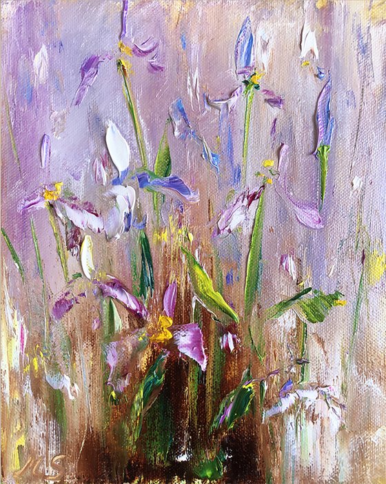 IRIS MOOD №3 - Set art. Irises. Flowers. Gift. Lilac color. Bouquet. Garden. Garden flowers. Field irises. Mini-art. Fast painting. The best solution. Gift painting. Postcard. Season. Holidays.