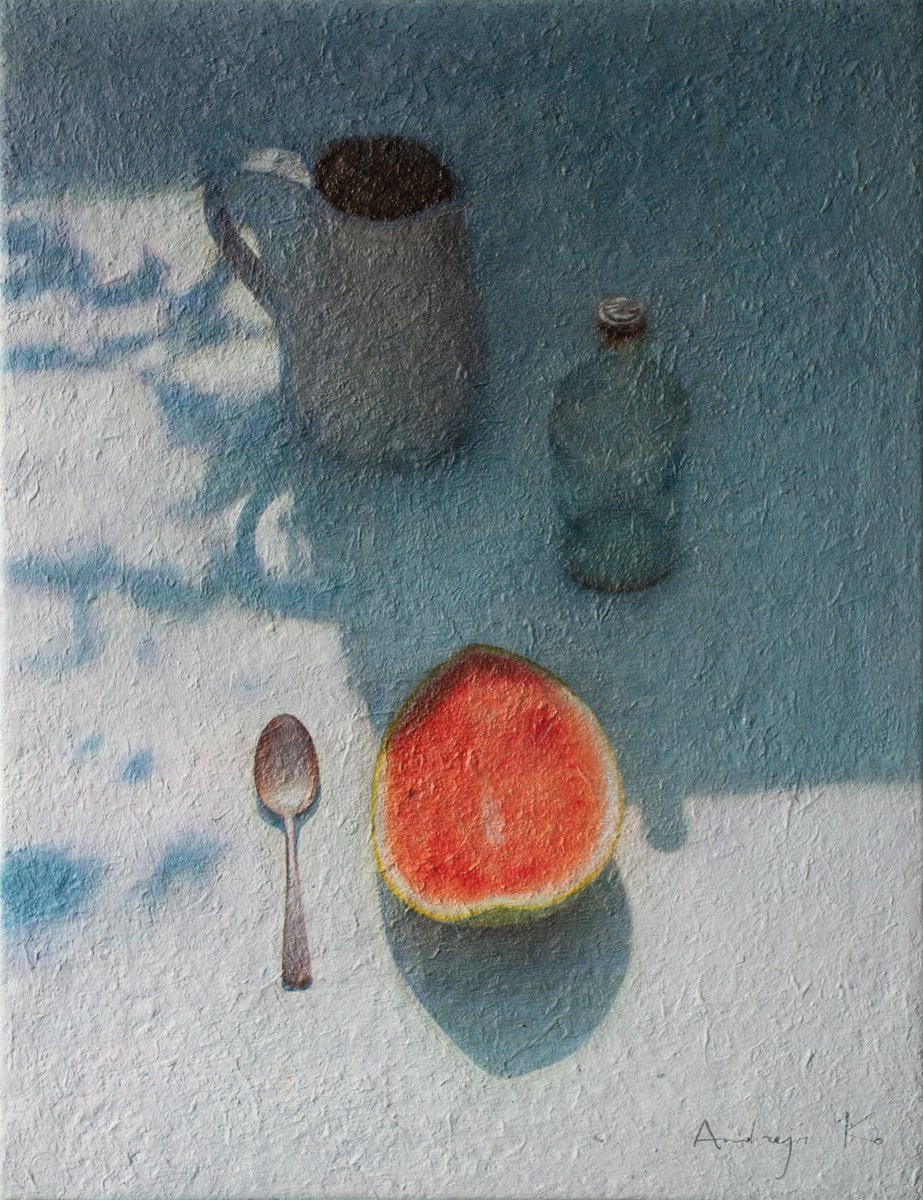 Impressionistic Still Life Acrylic Painting By Andrejs Ko, 20 X 26, Still Life With A Watermelon., Original Artwork