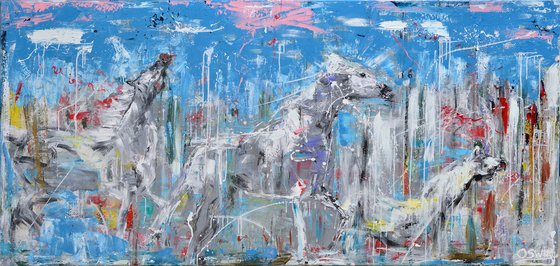 Equine art - FINDING LOVE 100X200 cm.- 39.37"x 78.74" - horse painting by Oswin Gesselli