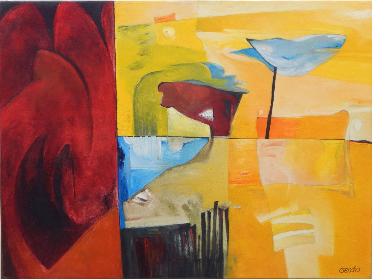 Expressive Abstract Oil Painting By Csaba Csendes, 31 X 24, The Legend Of Red Mountains And Fathomless Lake., Original Artwork