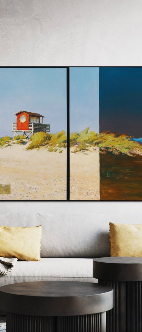 Red Lifeguard Tower Diptych by Bo Kravchenko