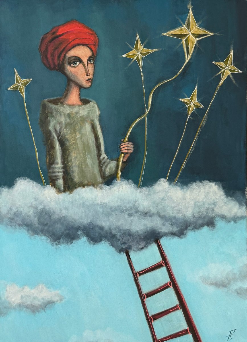 Illustrative Portrait Acrylic Painting By Nikola Gulev, 20 X 28", "Dreamcatcher", Original Artwork