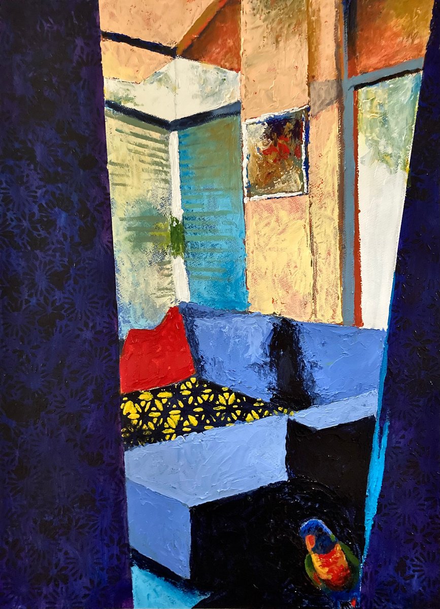 Impressionistic Animal Acrylic Painting By John Cottee, 22 X 30, Interior With Bird, Original Artwork