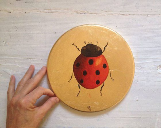 My Little Golden Ladybug Oil Painting on Round Lacquered Golden Leaf Canvas Frame