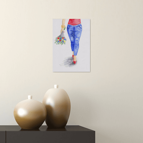 Girl in Jeans with red shoes and flowers