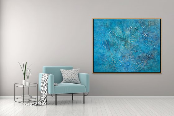 TROPICAL VIBES. Abstract Blue, Teal, Turquoise, Gold Textured Coastal Large Painting