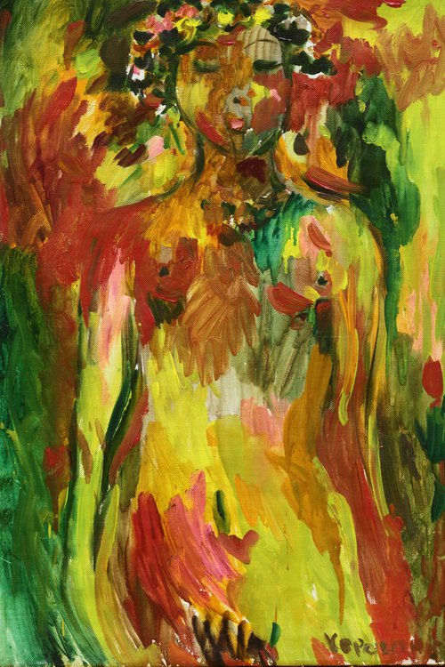 SUNNY DAY - original oil painting, oil on canvas, nude erotic art, yellow, bright, people by Karakhan
