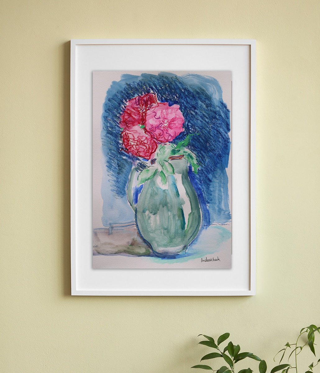 Impressionistic Botanical Acrylic Painting By Artem Andreichuk, 12 X 17, Pink Roses, Original Artwork