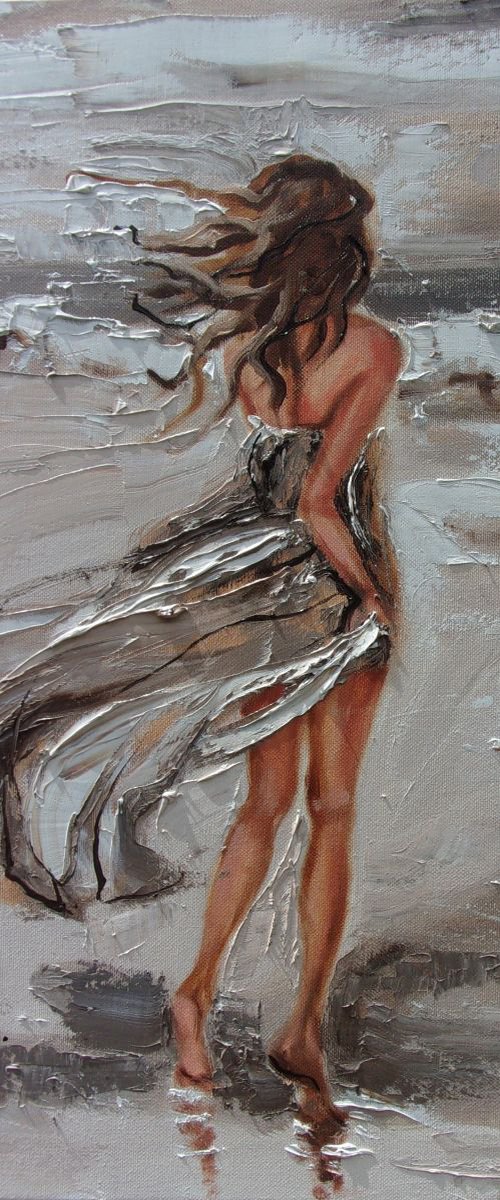 " LONELY WALK  ... " SEA original painting palette knife GIFT MODERN URBAN ART OFFICE ART DECOR HOME DECOR GIFT IDEA by Monika Luniak