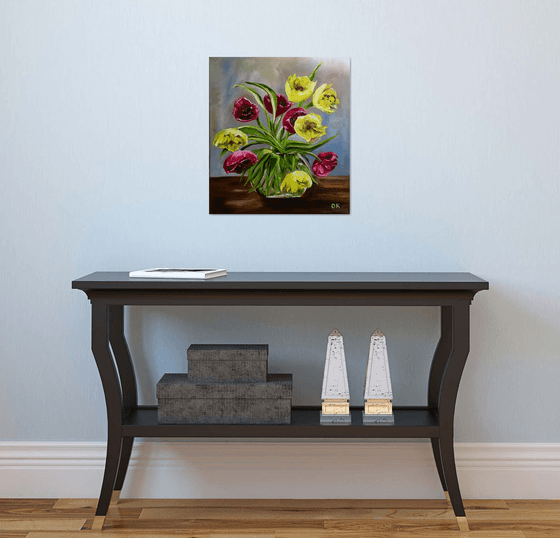 Bouquet of Red and Yellow tulips on wooden  table, still life. .