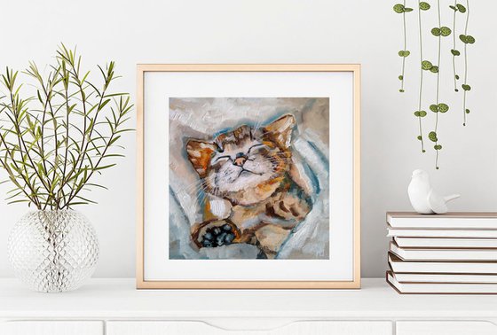 Sleeping Kitten Artwork Cat Oil Painting Funny Pet Wall Art