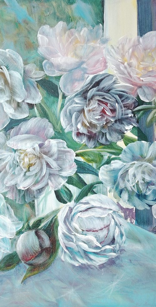 The Pionies bouquet with bees. Original. by Elena Pertceva