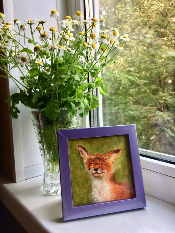 Animal original painting - Fox tiny artwork - Shelf painting - Framed canvas art (2021)