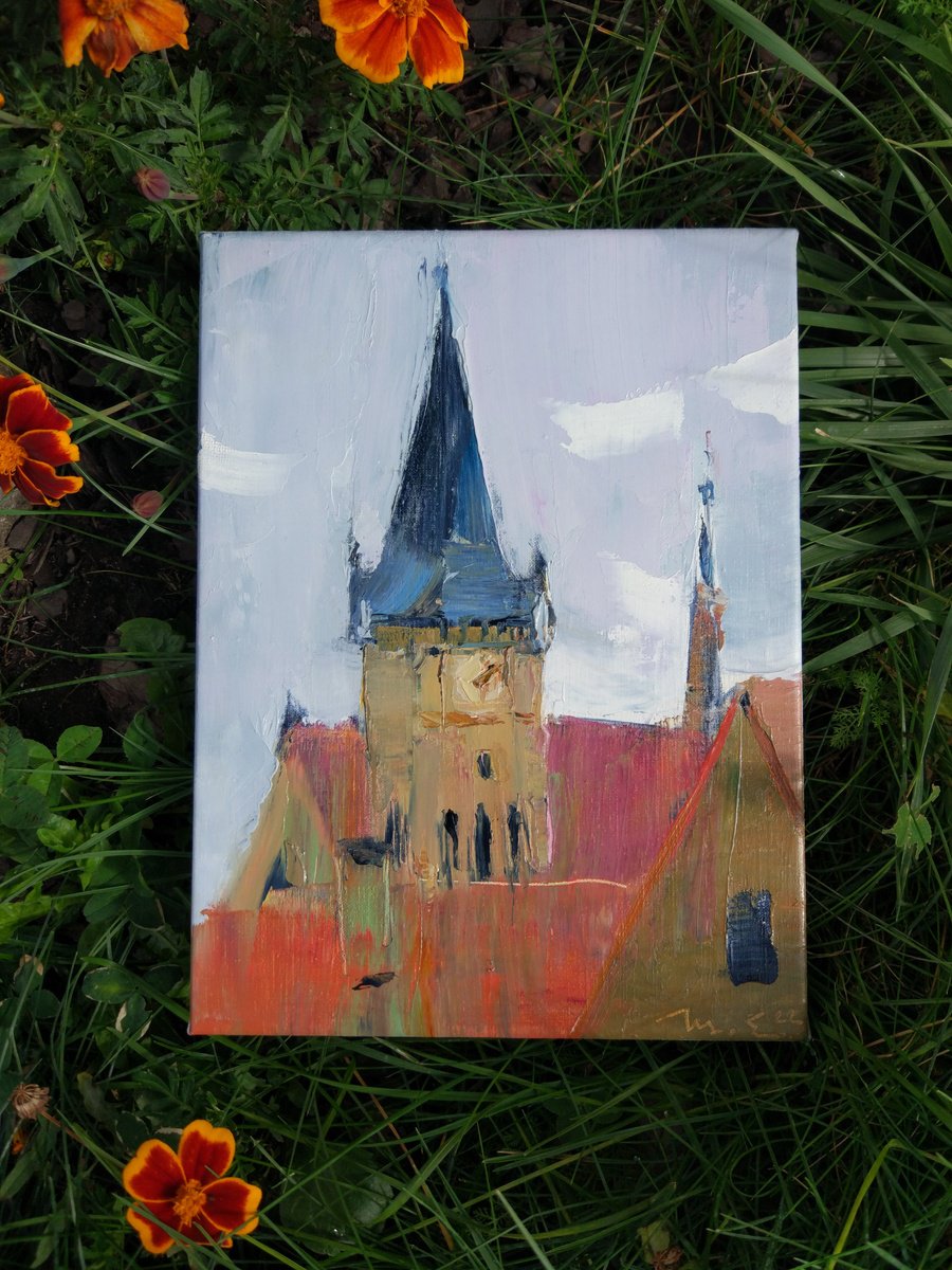 Walk in Bardejov . Ancient castle of Slovakia . Original plain air oil painting by Helen Shukina
