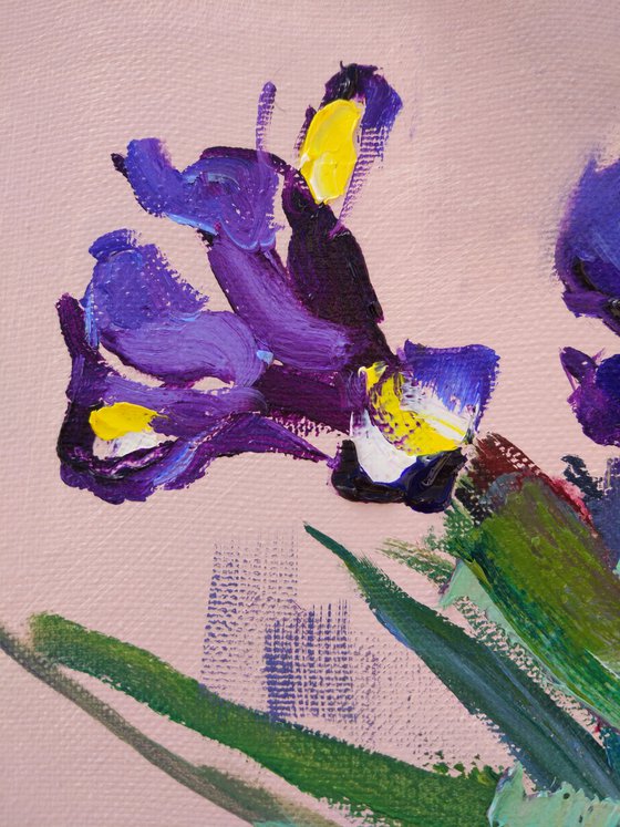 Irises and cherry blossoms. Bouquet sketch. Original oil painting