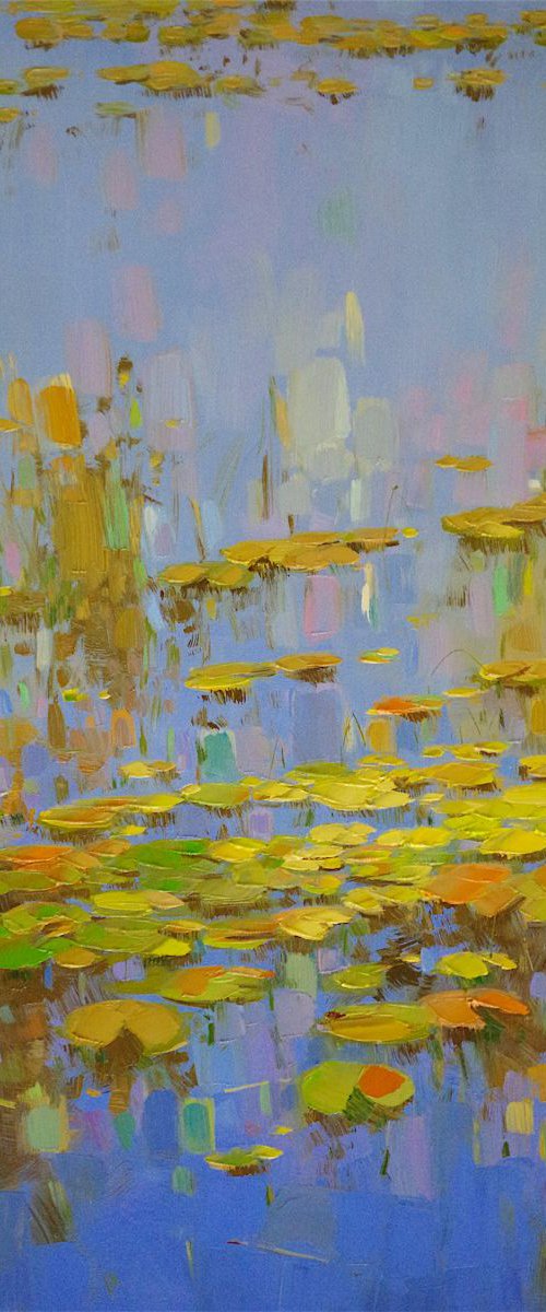 Waterlilies in Cobalt, Large Original oil Painting, Portrait Orientation,  Impressionism, Handmade artwork, One of a Kind by Vahe Yeremyan