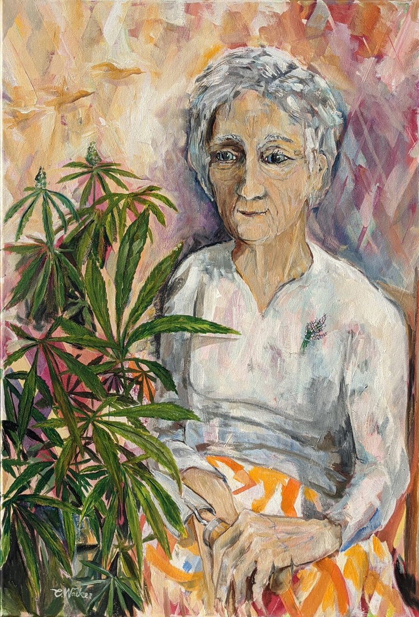 Portrait Oil Painting By Chris Walker, 20 X 28, Granny Is The Gardener, Pot Plant, Original Artwork