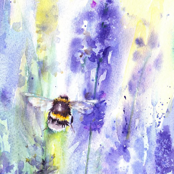 Bumblebee on lavender, an original watercolour painting, framed bee painting, ready to hang