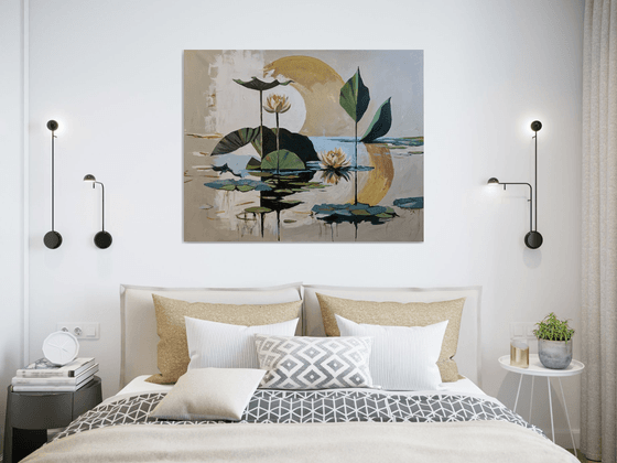 Golden Pond. Semi Abstract Water Lilies.