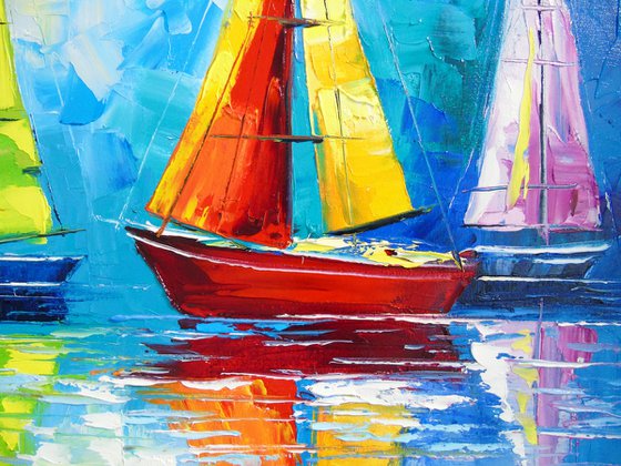 Sailboats in the rainbow dawn
