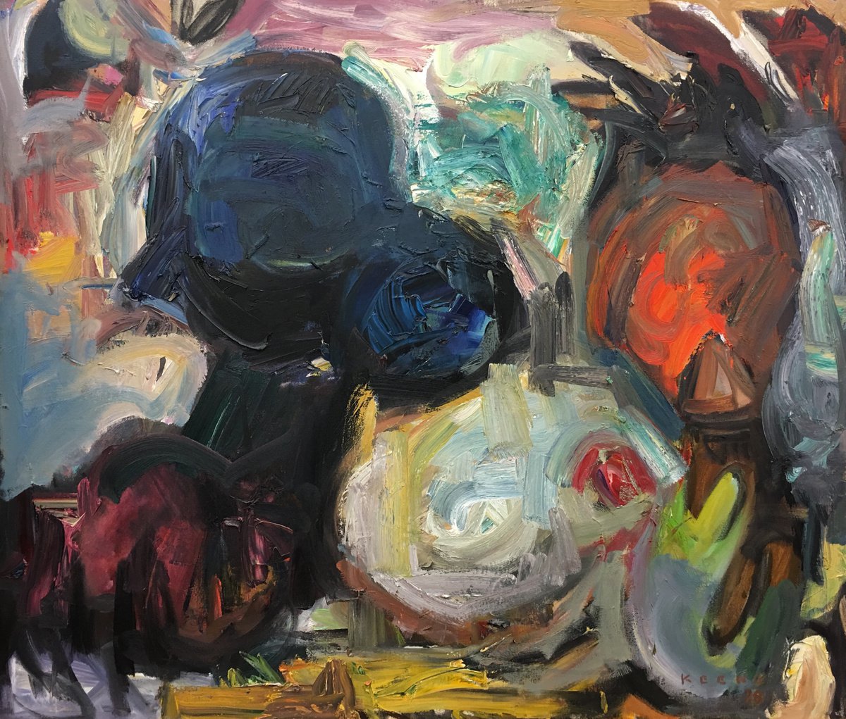 Organic Abstract Oil Painting By Don Keene, 42 X 36, Red Heaven, Original Artwork