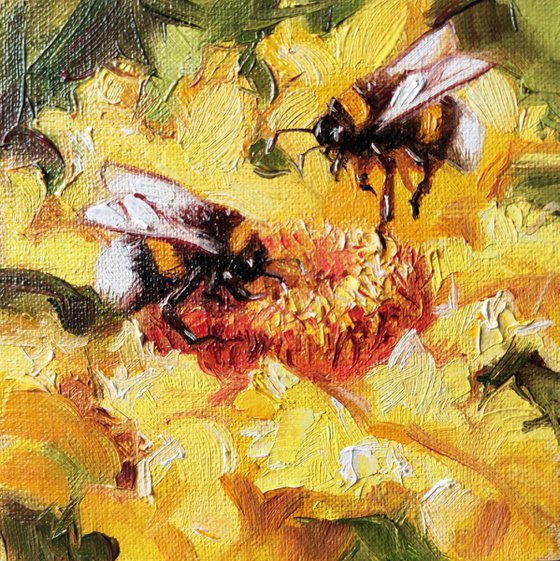 Yellow flower painting Bumble bee wall art Engagement gift for couple bee art painting original small framed picture