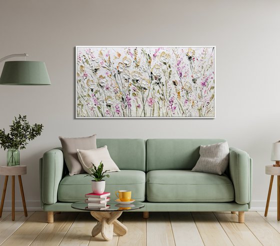 White Roses - 3D Textured Flower Painting Abstract Beige White Pink Purple Flower Painting Decor Living Room Decor Texture Acrylic Painting