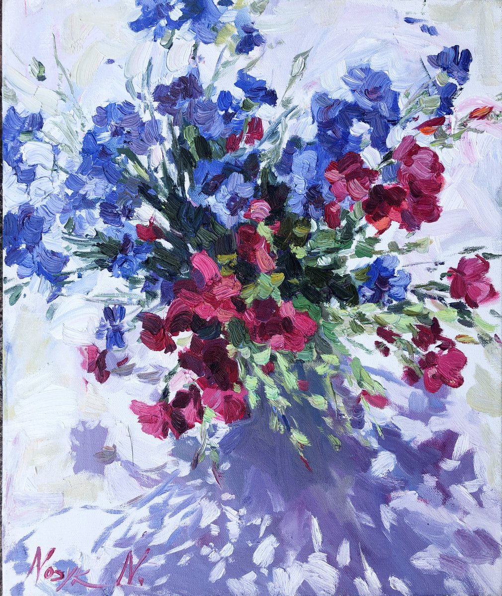 Wild pink flax and blue flowers by Nataliia Nosyk