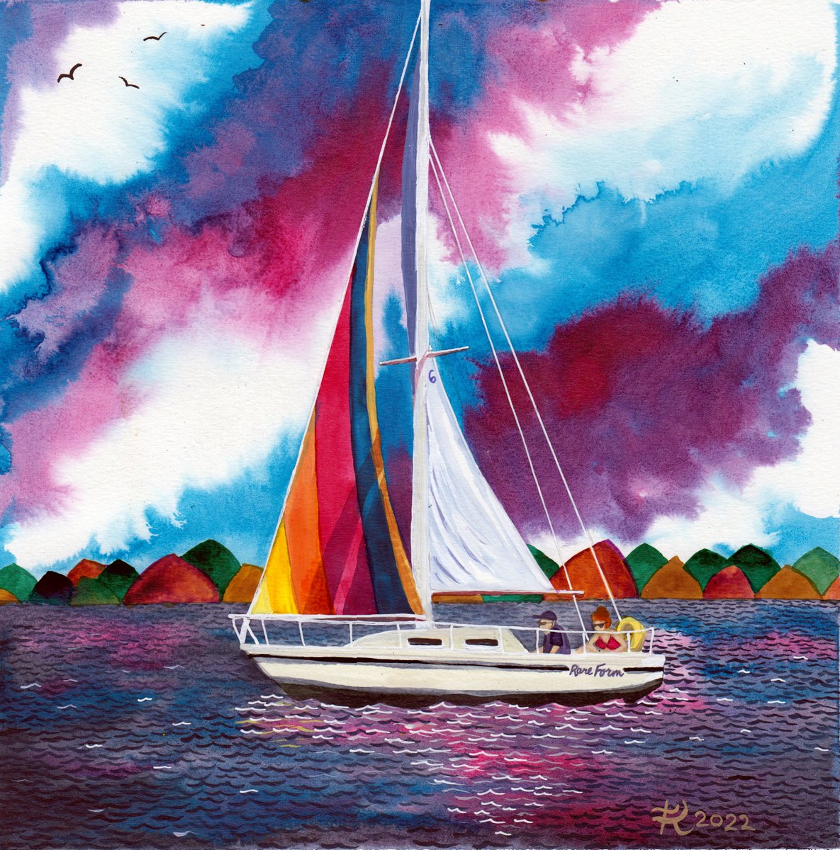 Illustrative Landscape Painting By Terri Smith, 16 X 16", Gone Sailing, Original Artwork