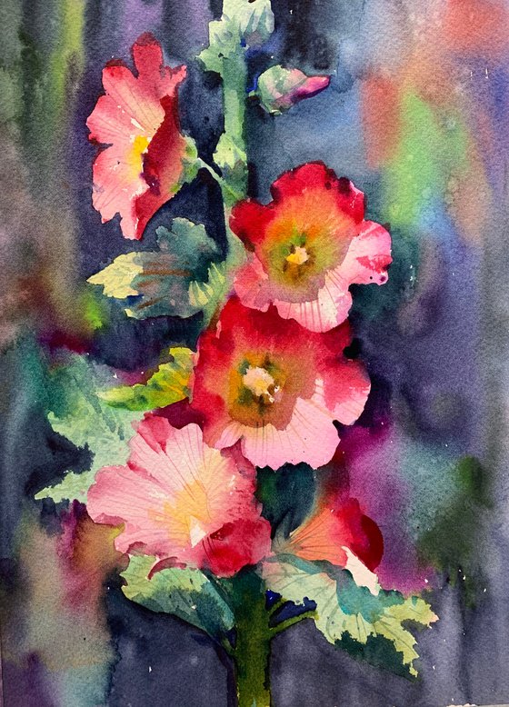 Original Watercolor Painting Flowers of Mallow of Malveae beautiful flower