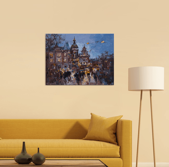 Lviv. Original oil painting evening city of Lviv, Ukraine, landscape painting