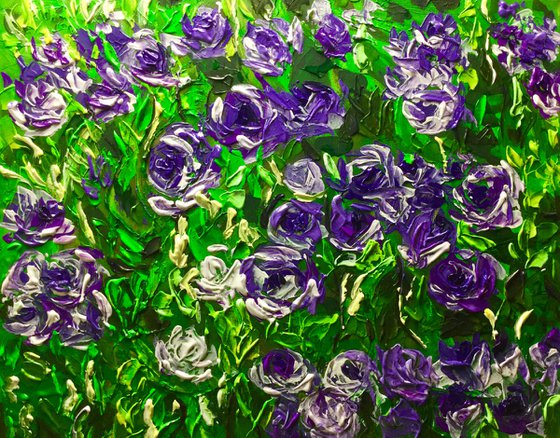 FIELD OF PURPLE PINK WHITE  ROSES  palette knife modern decor MEADOW OF FlOWERS, LANDSCAPE,  office home decor gift