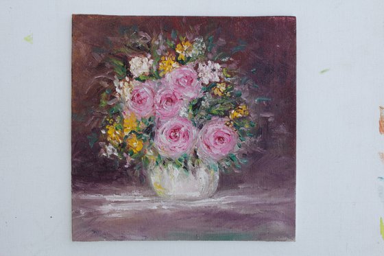 Blooming, floral still life oil painting on canvas board - impasto, impressionism floral painting - vintage style floral - roses painting